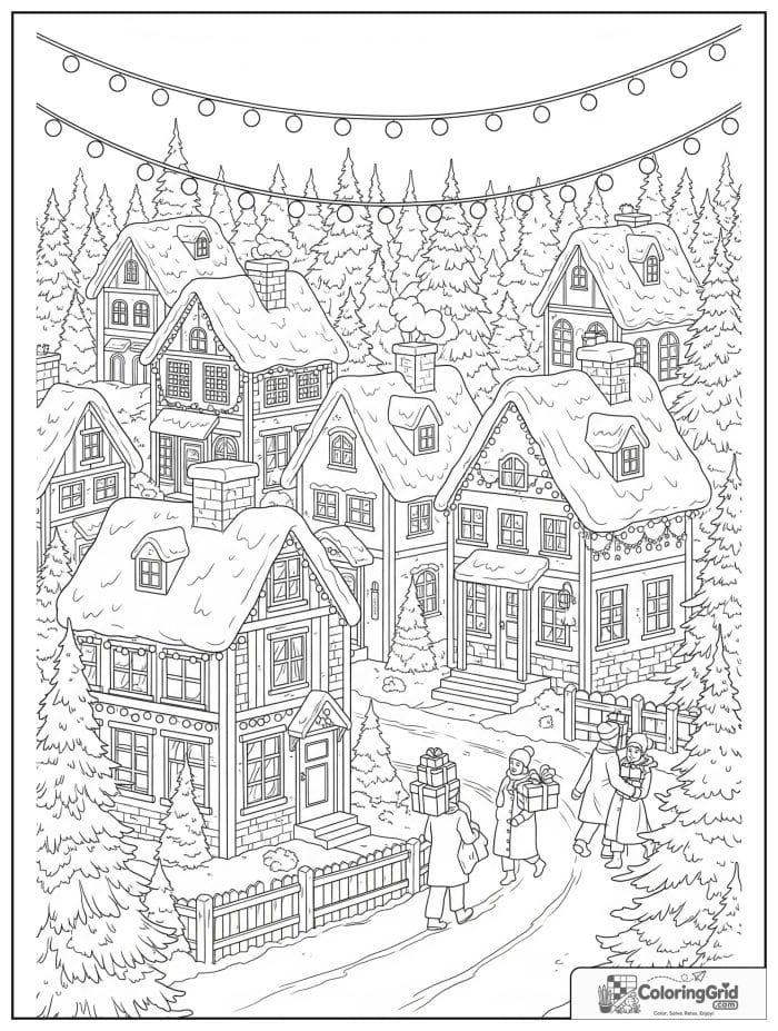 Christmas village with snowy houses coloring page