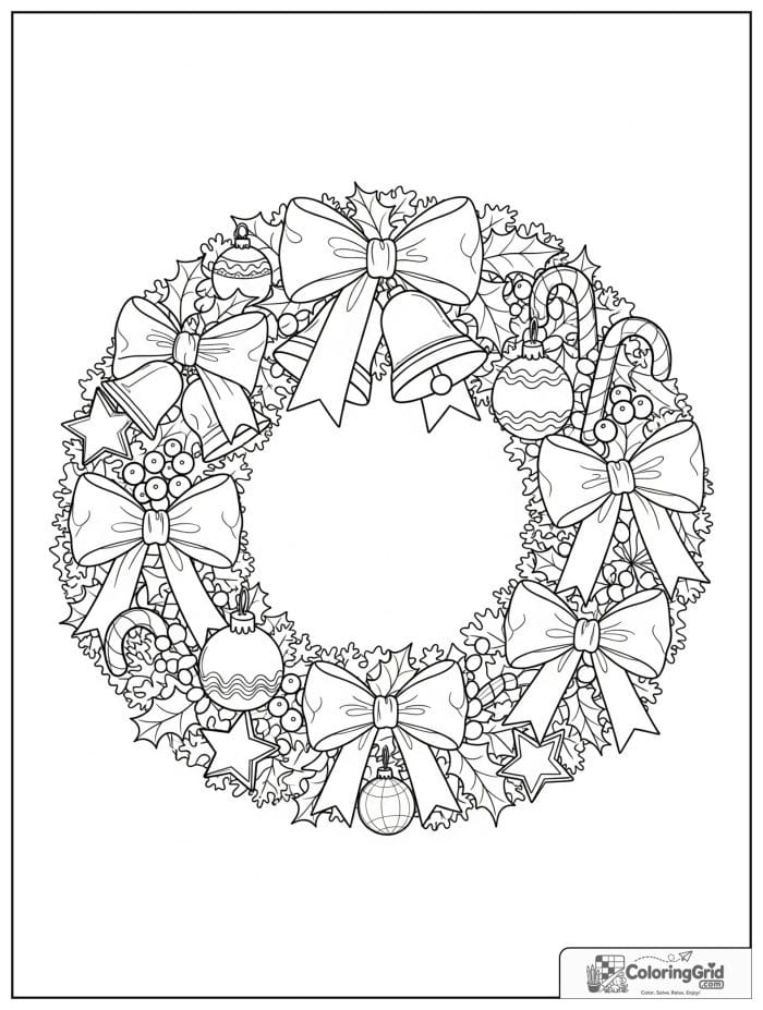 Christmas wreath with bells and holly coloring page