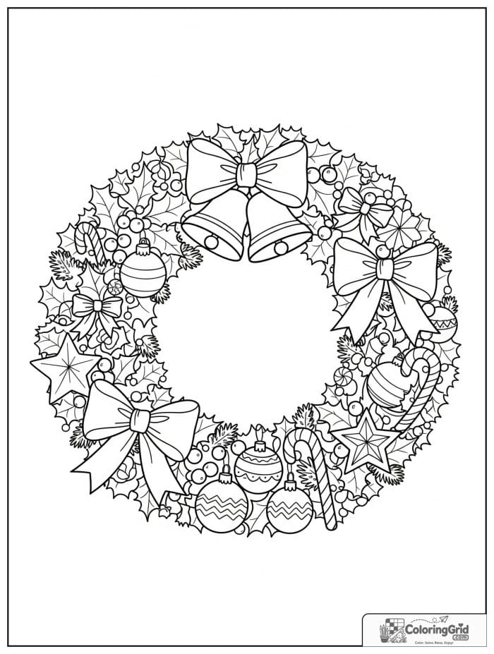 Christmas wreath with bells and holly coloring page