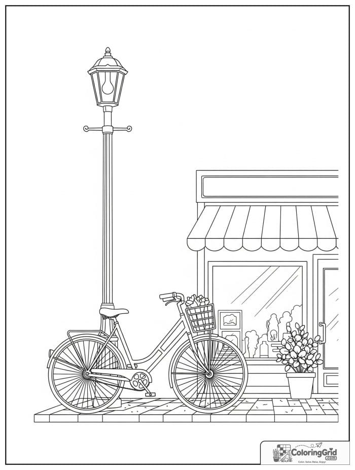 City bicycle parked near a lamppost and storefront.