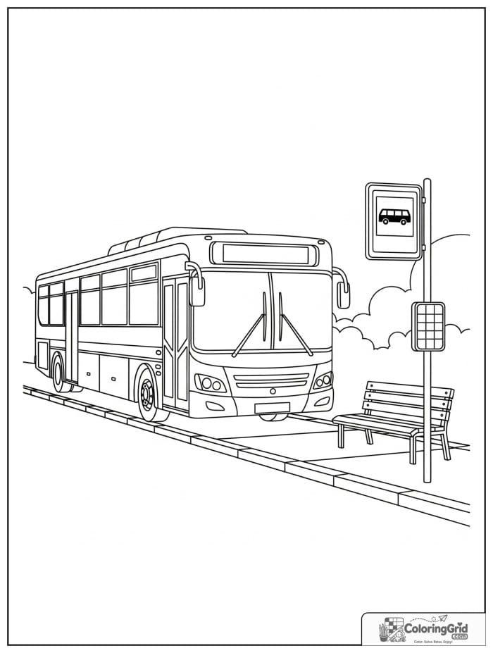 City bus at a bus stop line art for Bus Coloring Pages