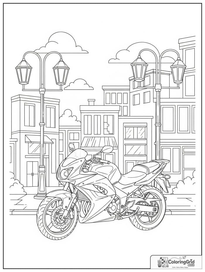 City motorcycle with buildings background for Motorcycle Coloring Pages