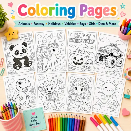 Coloring pages category feature image with printable sheets for animals, fantasy, holidays, vehicles, boys, girls, dinosaurs, and more.