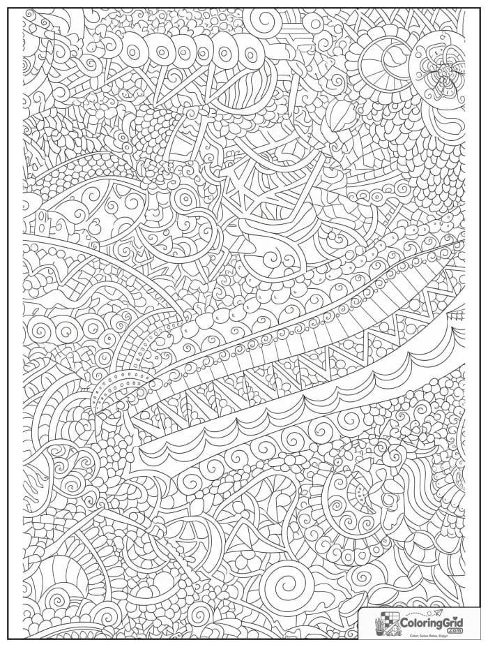 Complex adult abstract coloring page with swirls curves and geometric shapes