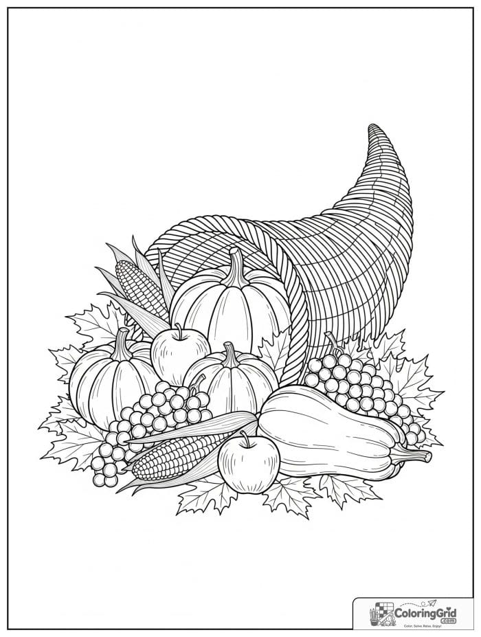 Cornucopia basket overflowing with harvest foods coloring page