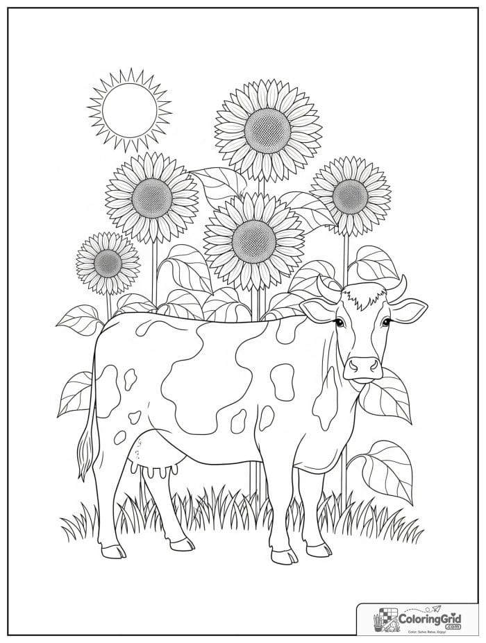 Cow in a sunflower field for Cow Coloring Pages