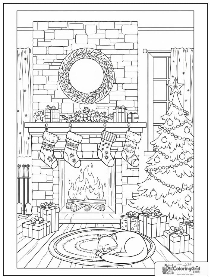 Cozy Christmas living room coloring page with fireplace and tree