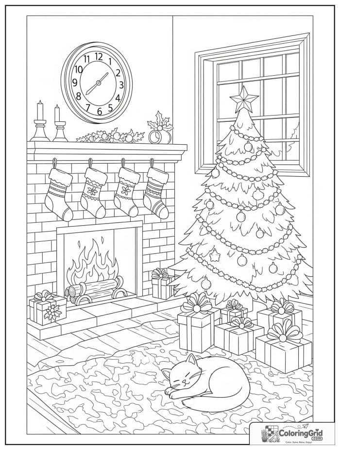 Cozy Christmas living room coloring page with fireplace and tree