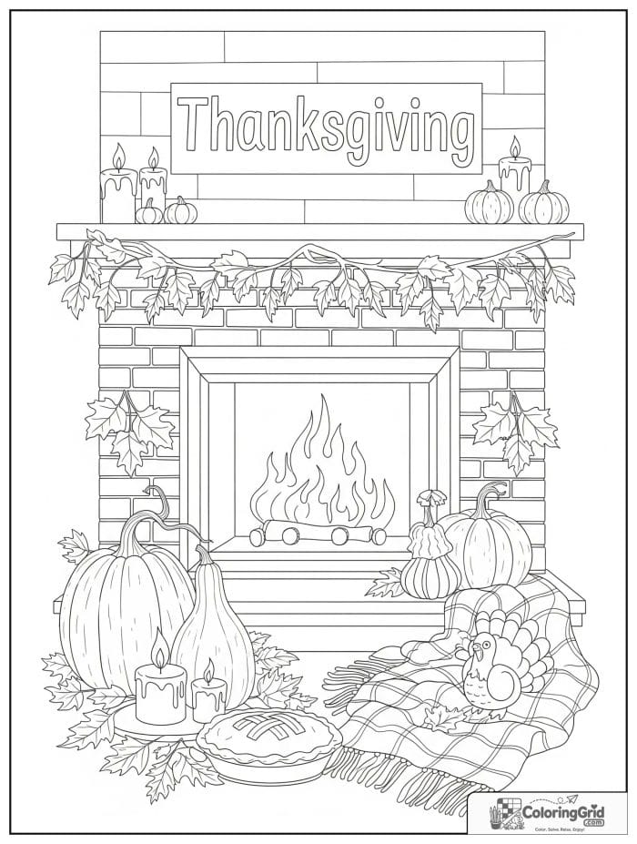 Cozy fireplace Thanksgiving scene with pumpkins and pie coloring page