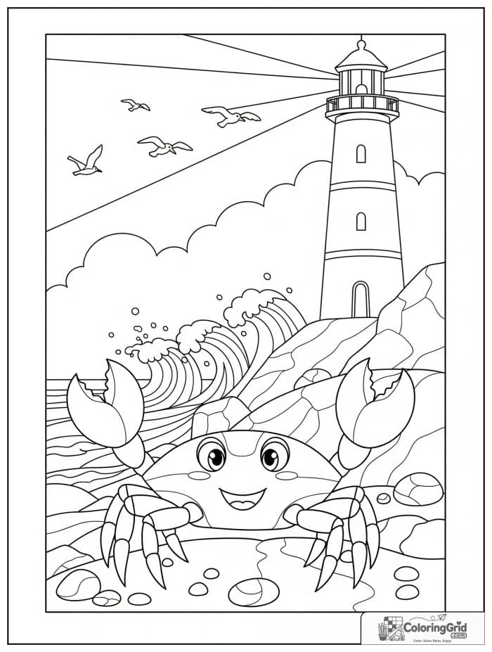 A friendly crab stands on a rocky shore near a lighthouse with rolling waves, smooth stones, and seabirds.