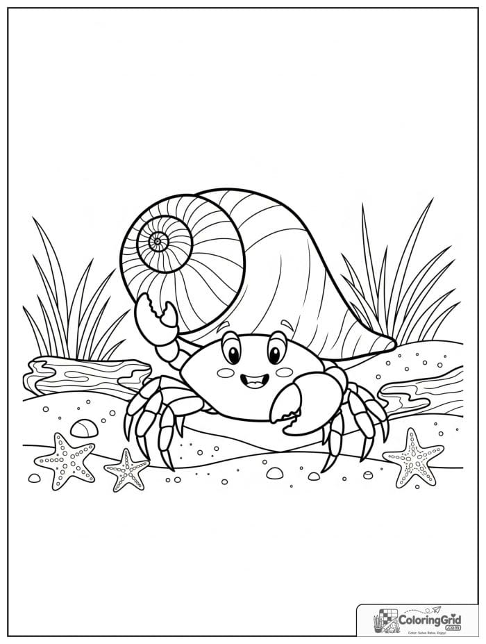 A busy crab carries a spiral shell across the beach with driftwood, starfish, and dune grass.
