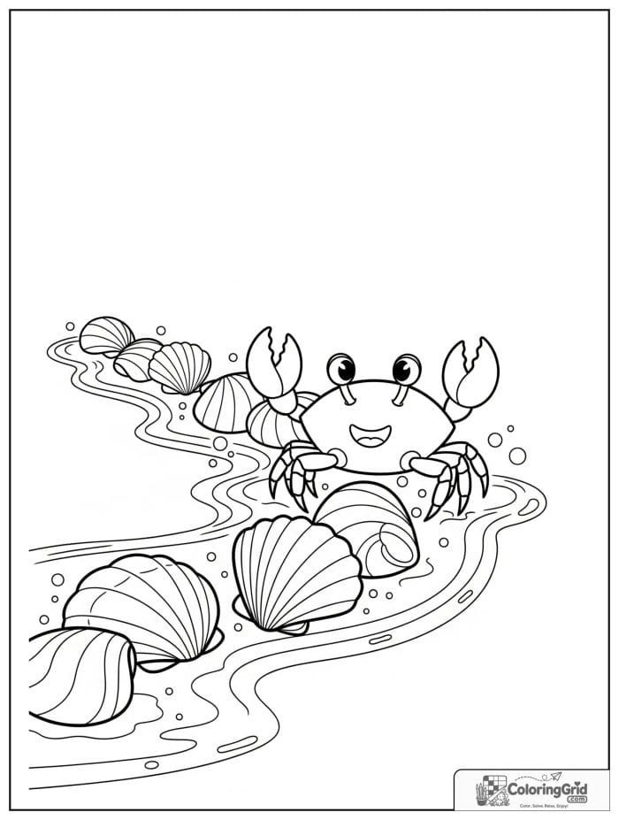 A little crab crosses a winding seashell trail on wet sand with gentle ripples and tiny bubbles.
