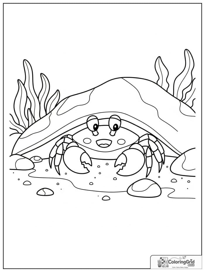 A curious crab peeks out from under a large sea rock with pebbles, seaweed, and sandy shore details.