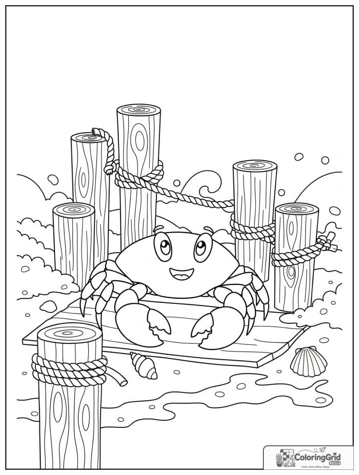 A playful crab scuttles near wooden pier posts with rope loops, foamy waves, and small shells.