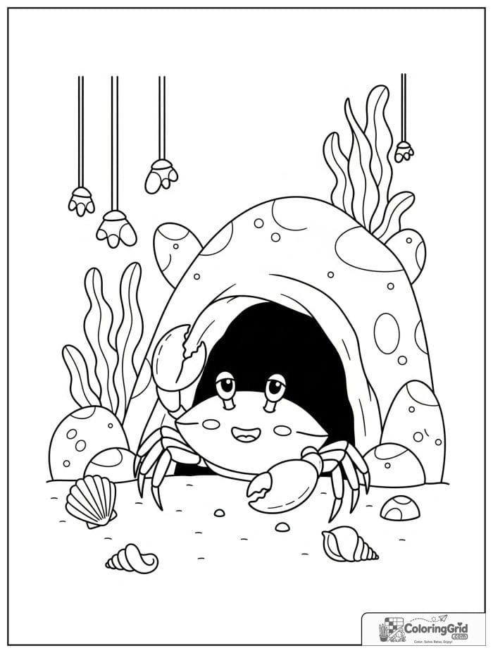 A relaxed crab rests near an ocean cave with hanging seaweed, rounded rocks, and scattered shells.