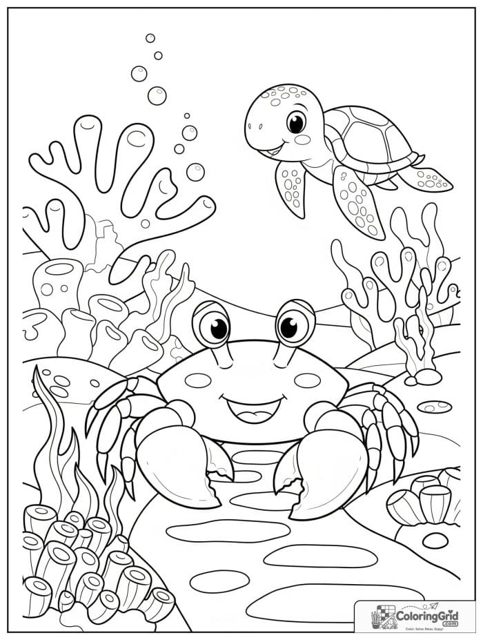 A curious crab explores a coral reef with sea plants, bubbles, chunky coral, and a smiling turtle.