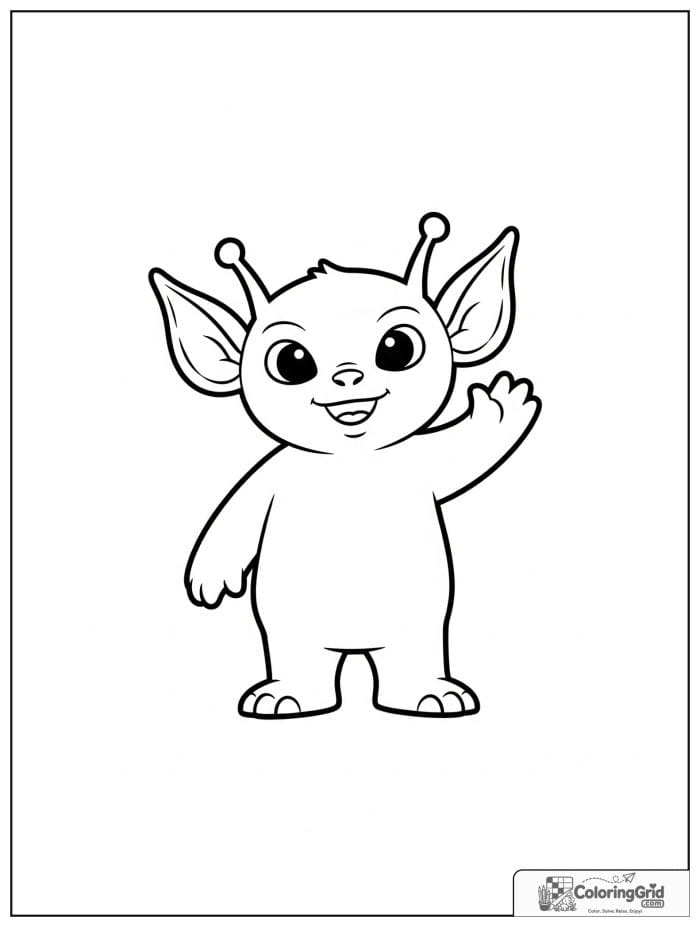 Cute alien waving hand black and white artwork.