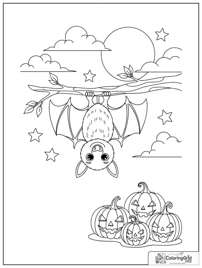 Cute bat hanging upside down Halloween coloring page