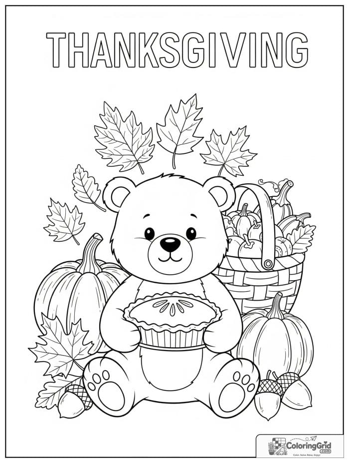Cute bear holding a pumpkin pie coloring page