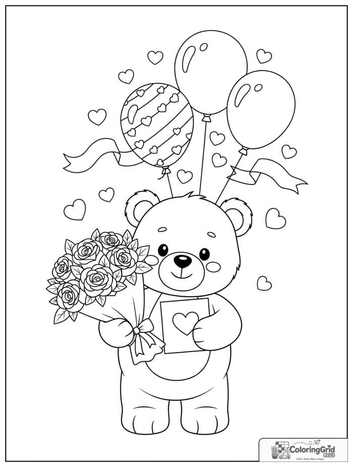 Cute bear holding roses and heart card Valentine's Day coloring page