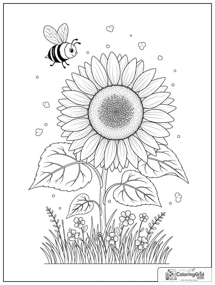 Cute bee flying around giant sunflower coloring page