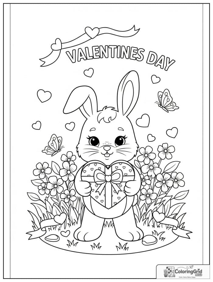 Cute bunny holding heart gift box Valentine's Day coloring page