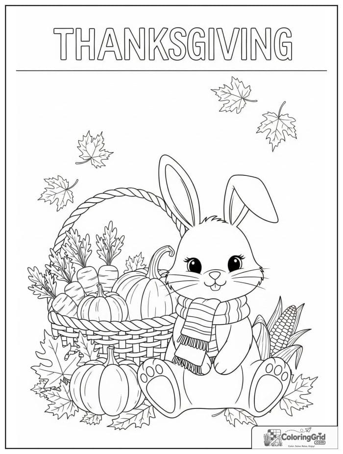 Cute bunny wearing a scarf beside harvest basket coloring page
