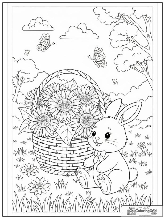 Cute bunny beside basket full of sunflowers coloring page