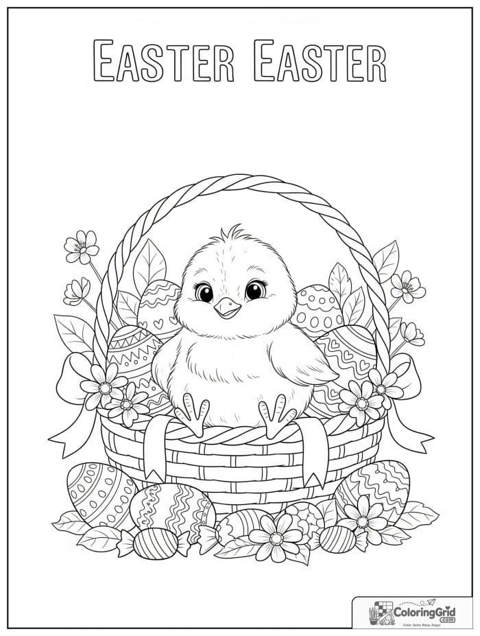 Cute chick sitting in Easter basket coloring page