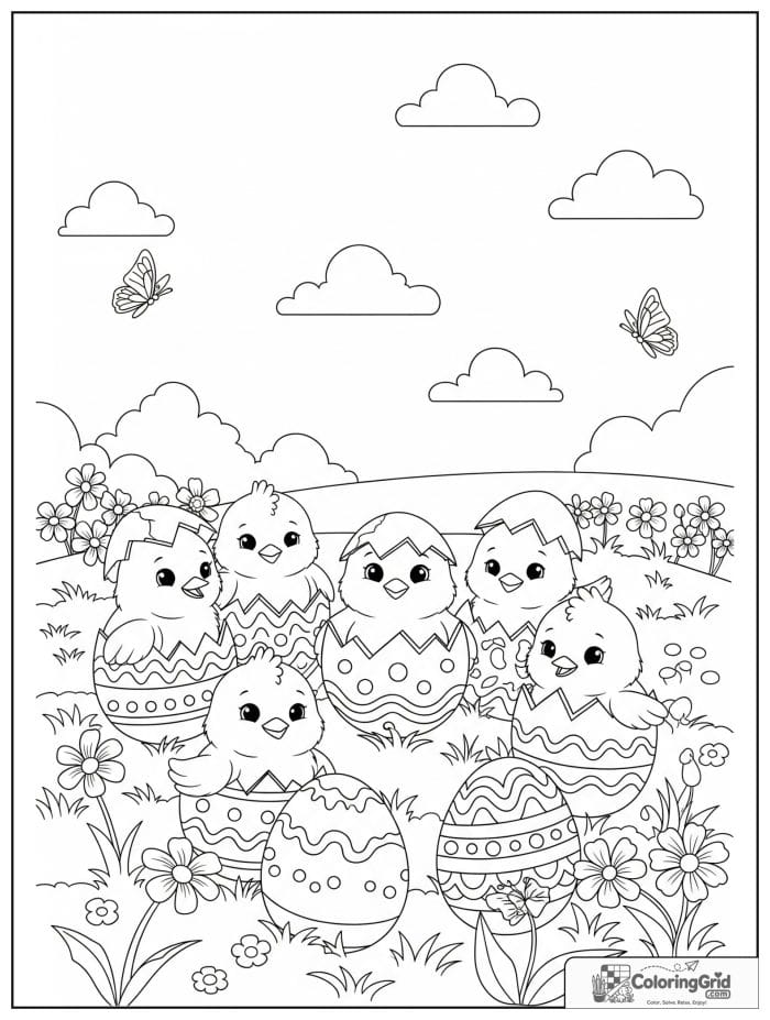 Cute chicks hatching from Easter eggs coloring page