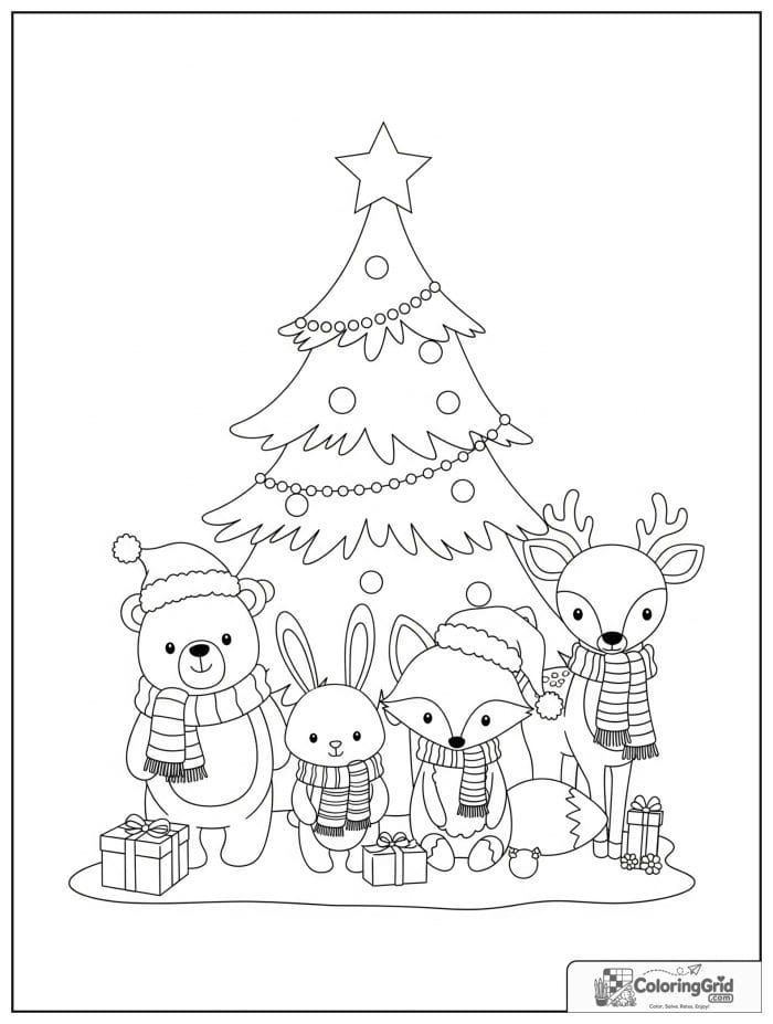 Cute Christmas animals around a tree coloring page