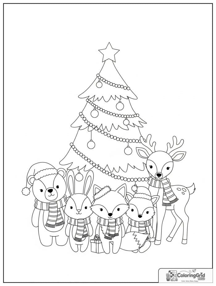 Cute Christmas animals around a tree coloring page