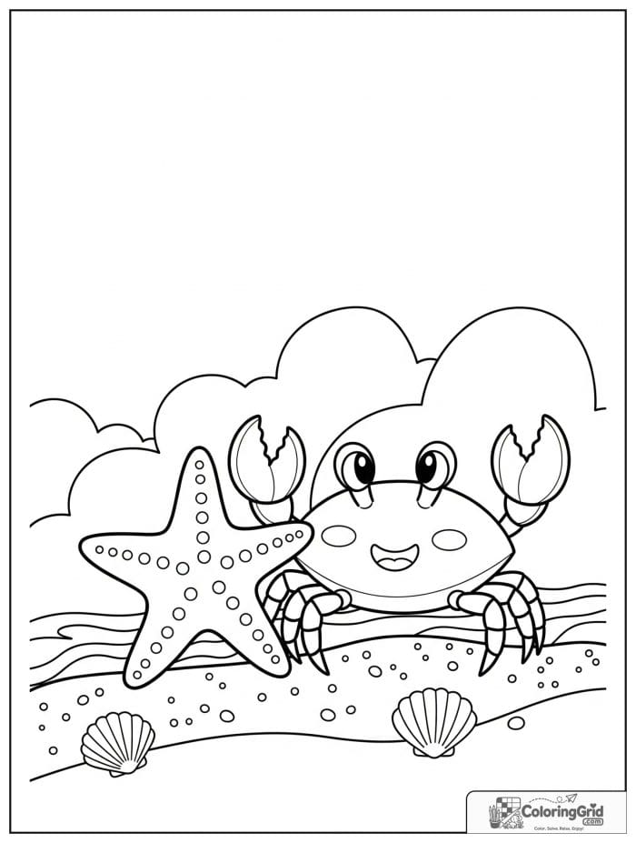 A cute little crab stands beside a starfish on a sandy shore with seashells and gentle ocean ripples.