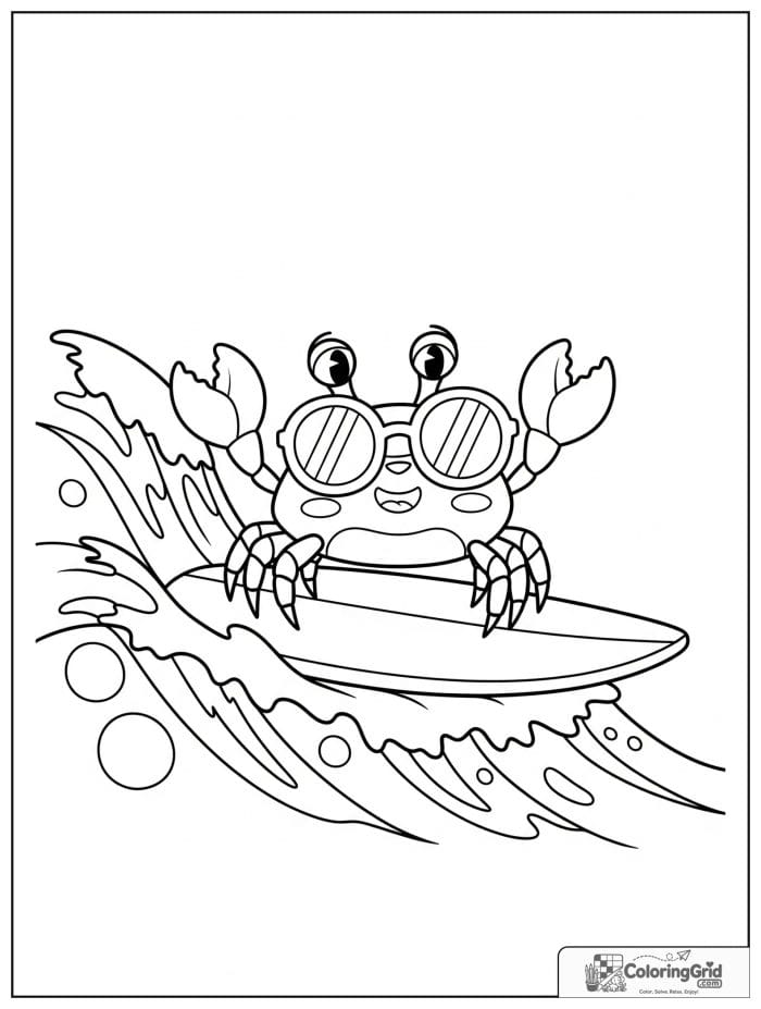 A cute crab surfs on an ocean wave with sunglasses, a surfboard, and splashy seaside details.
