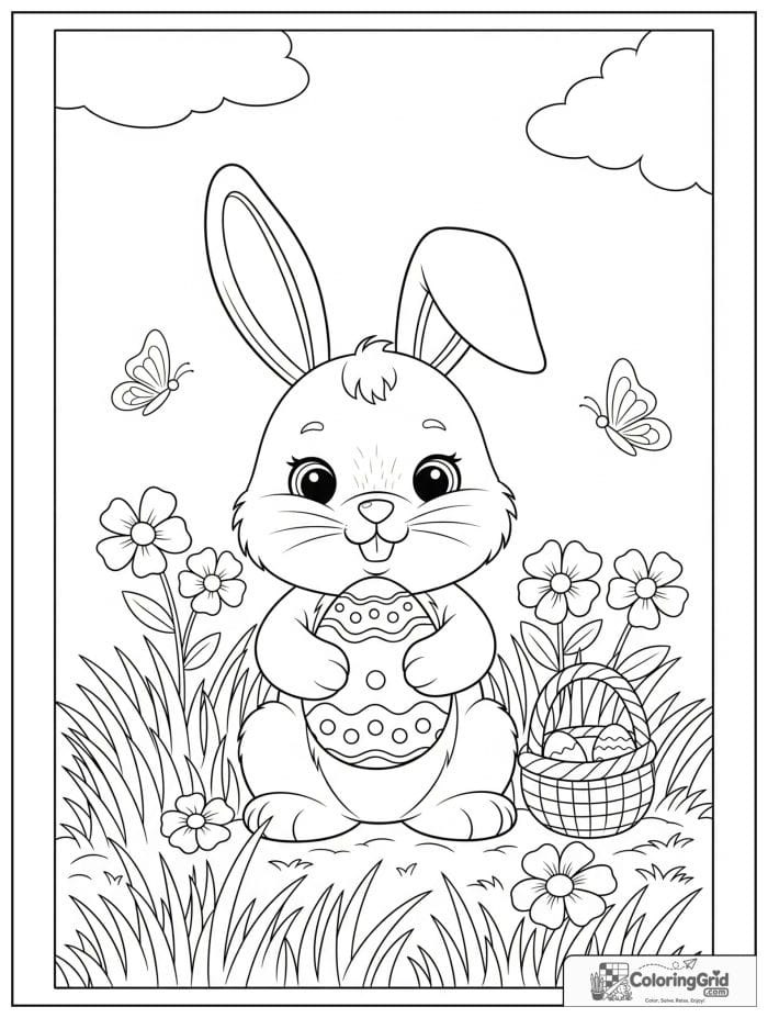 Cute Easter bunny holding a decorated egg coloring page