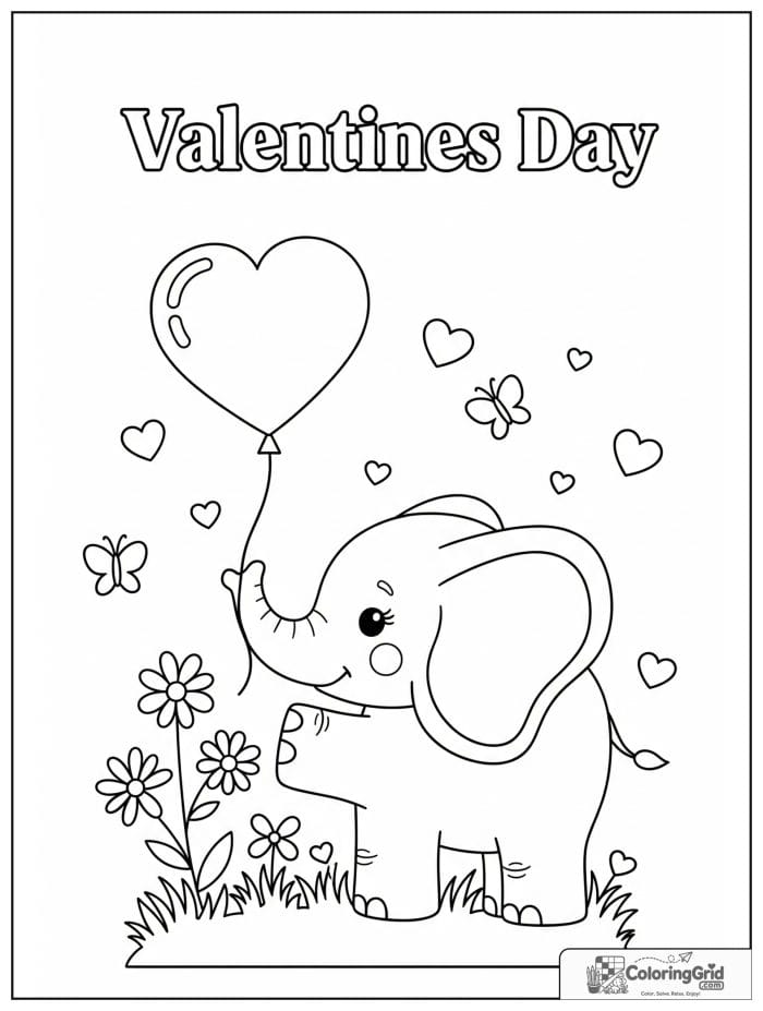 Cute elephant holding heart balloon Valentine's Day coloring page