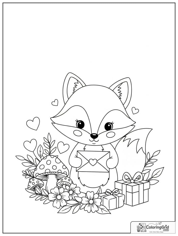 Cute fox holding love letter Valentine's Day coloring page