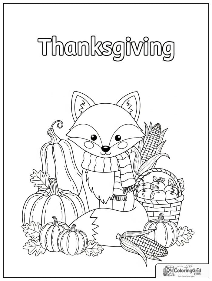 Cute fox wearing a scarf beside pumpkins coloring page