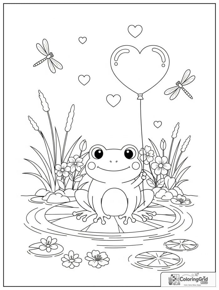 Cute frog holding heart balloon Valentine's Day coloring page
