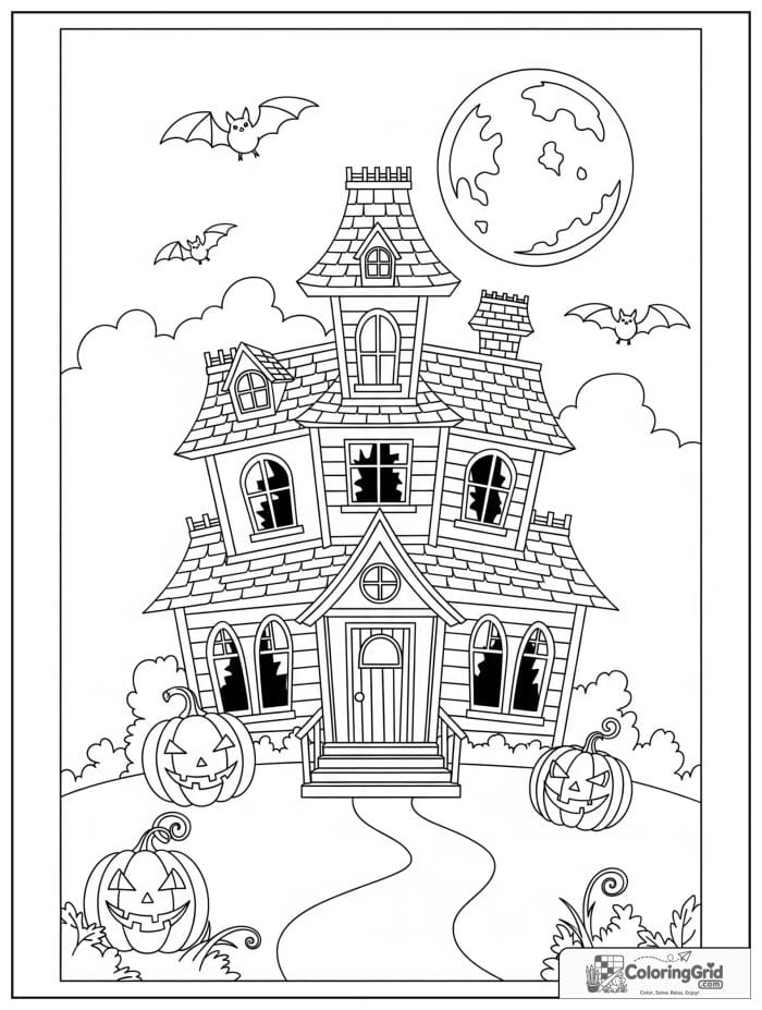 Cute haunted house Halloween coloring page