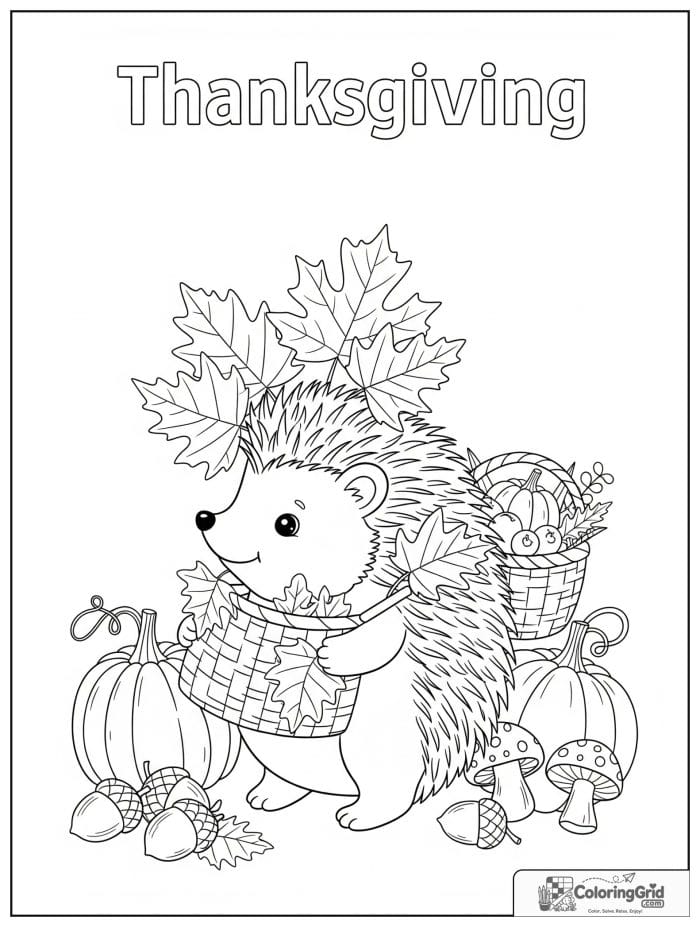 Cute hedgehog carrying autumn leaves coloring page