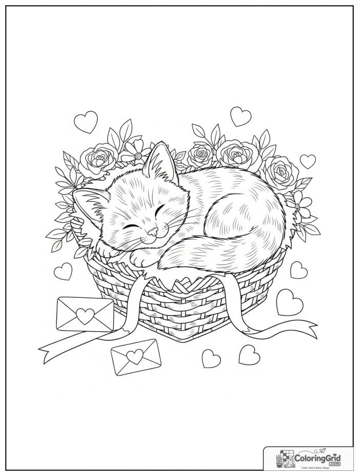 Cute kitten sleeping in heart-shaped basket Valentine's Day coloring page