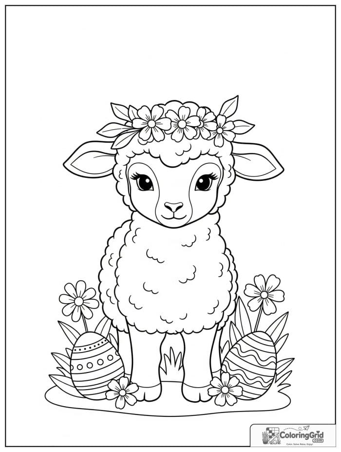 Cute lamb with flower crown Easter coloring page
