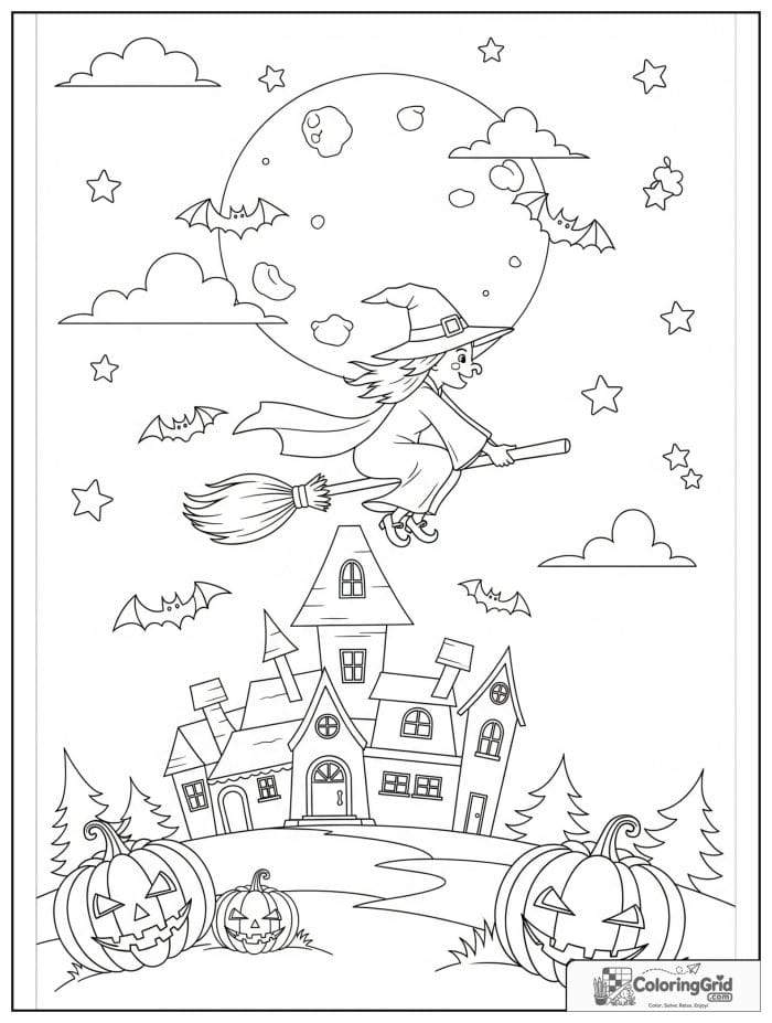Cute little witch flying on a broom Halloween coloring page