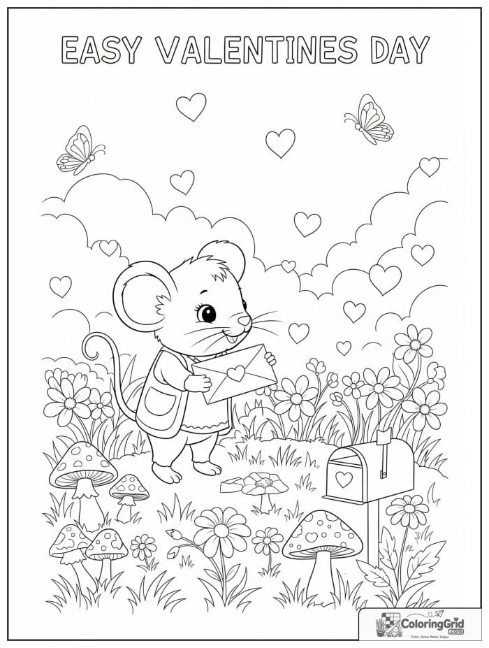 Cute mouse carrying love letter Valentine's Day coloring page