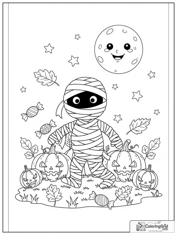 Cute mummy in a pumpkin patch Halloween coloring page