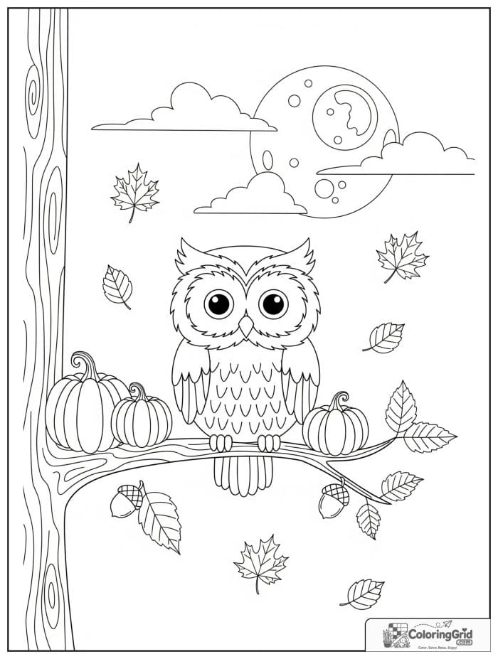 Cute owl on a branch with pumpkins and autumn moon coloring page
