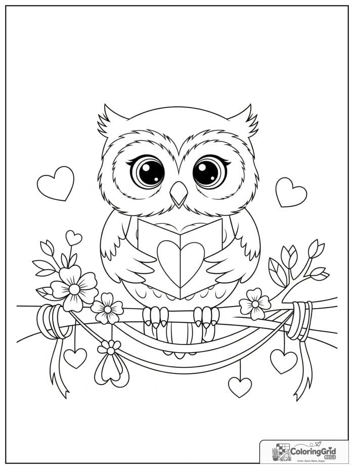 Cute owl holding heart card Valentine's Day coloring page
