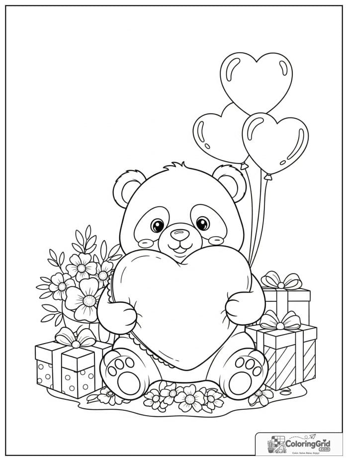 Cute panda holding heart pillow Valentine's Day coloring page