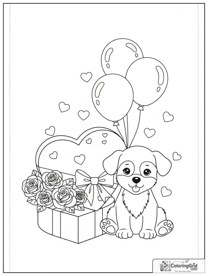 Cute puppy beside heart gift box Valentine's Day coloring page